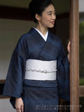 【期限特典/1点限定】肌触りが違う小千谷縮 横段 黒×青 ※マイサイズ仕立 - 木下着物研究所