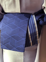 【期限特典/新作】超・半幅帯！大人の上質なリバーシブル小袋帯 網代麻葉 紺青色 博多織 [紅衣オリジナル]