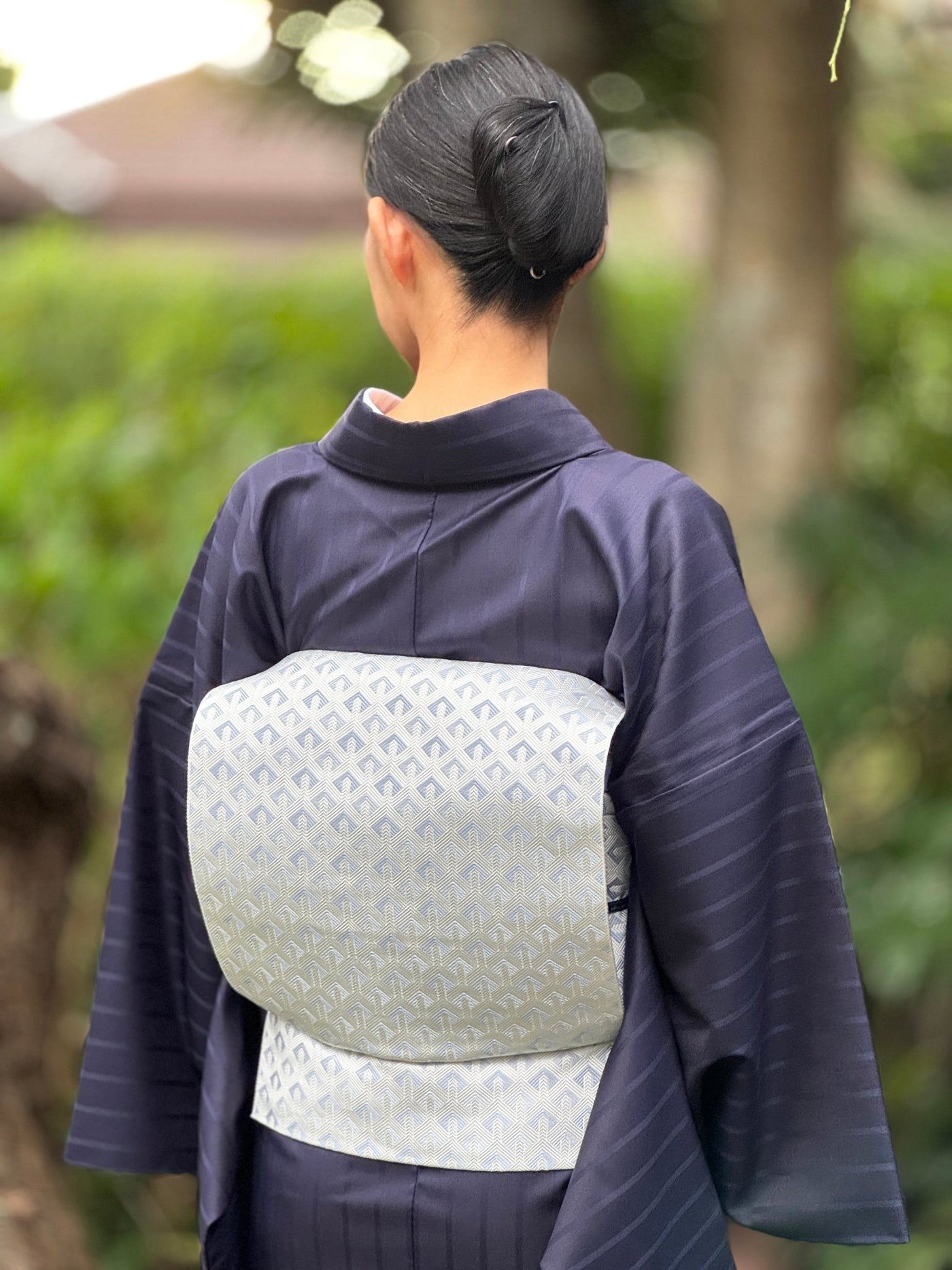 スーツ生地の着物⑤ダブルフェイス/杉綾紺×緑紺 （手縫仕立代