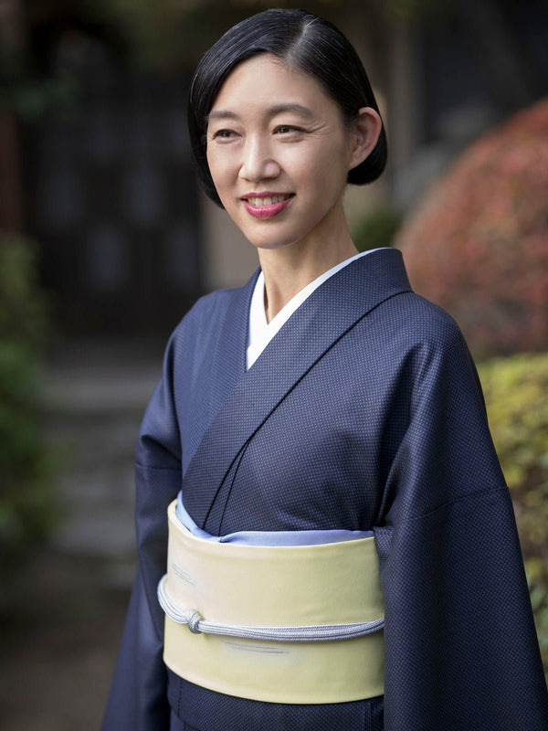 【新作】スーツ生地の着物 ①斜格子紺（手縫仕立代込み） ※生地確認できます - 木下着物研究所