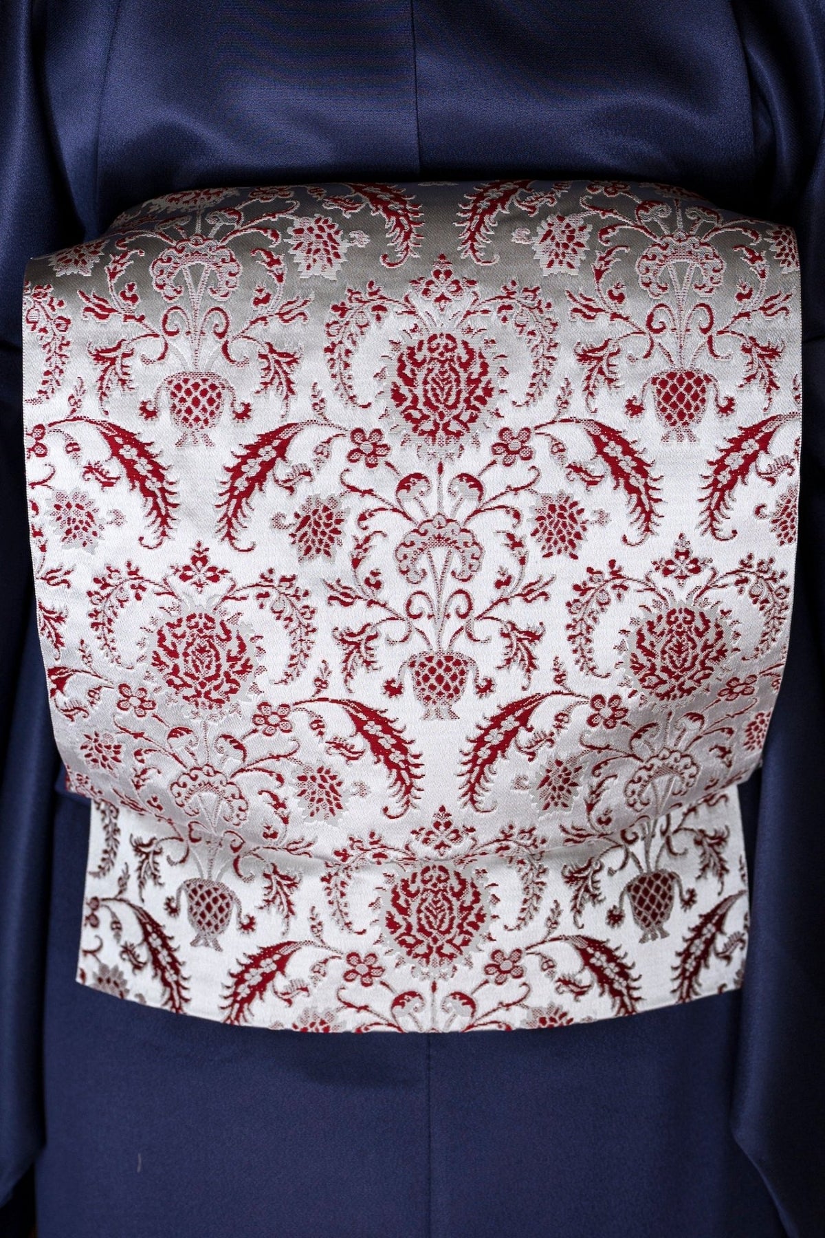 新色】 他にはない名古屋帯ペルシャ草花紋 薄鼠地に深紅 博多織八寸