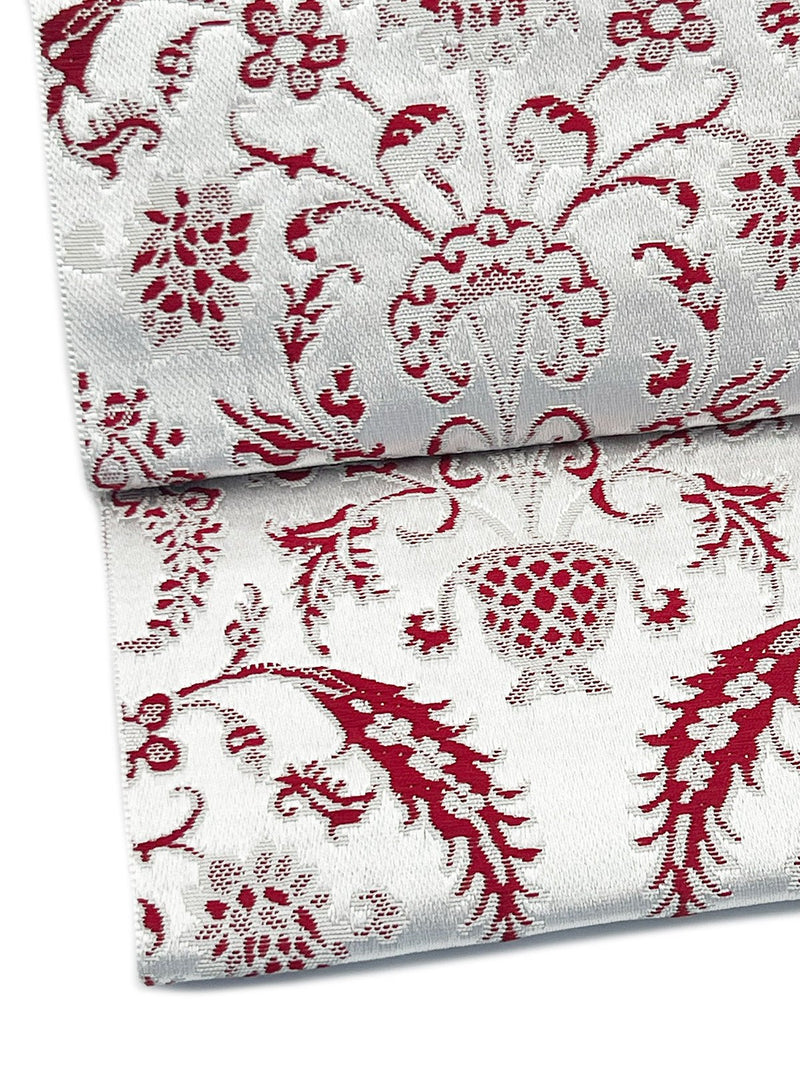 【SHOWROOM/先行ご紹介商品】【新色】 博多織八寸名古屋帯 ペルシャ草花紋　薄鼠地に深紅　[紅衣オリジナル] - 木下着物研究所