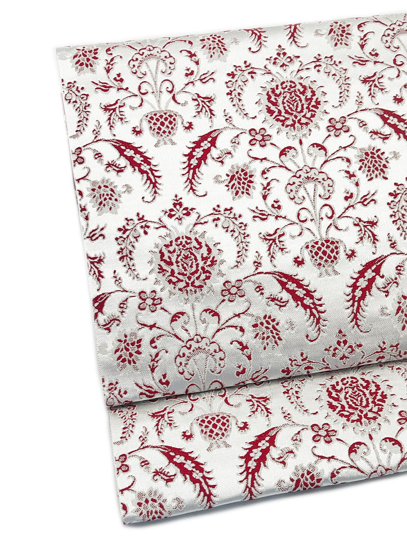 【SHOWROOM/先行ご紹介商品】【新色】 博多織八寸名古屋帯 ペルシャ草花紋　薄鼠地に深紅　[紅衣オリジナル] - 木下着物研究所