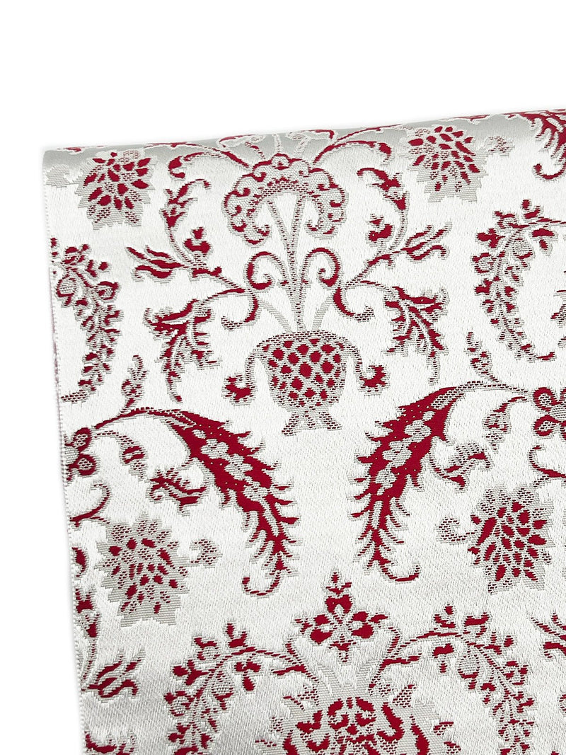 【SHOWROOM/先行ご紹介商品】【新色】 博多織八寸名古屋帯 ペルシャ草花紋　薄鼠地に深紅　[紅衣オリジナル] - 木下着物研究所