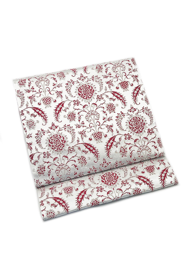 【SHOWROOM/先行ご紹介商品】【新色】 博多織八寸名古屋帯 ペルシャ草花紋　薄鼠地に深紅　[紅衣オリジナル] - 木下着物研究所