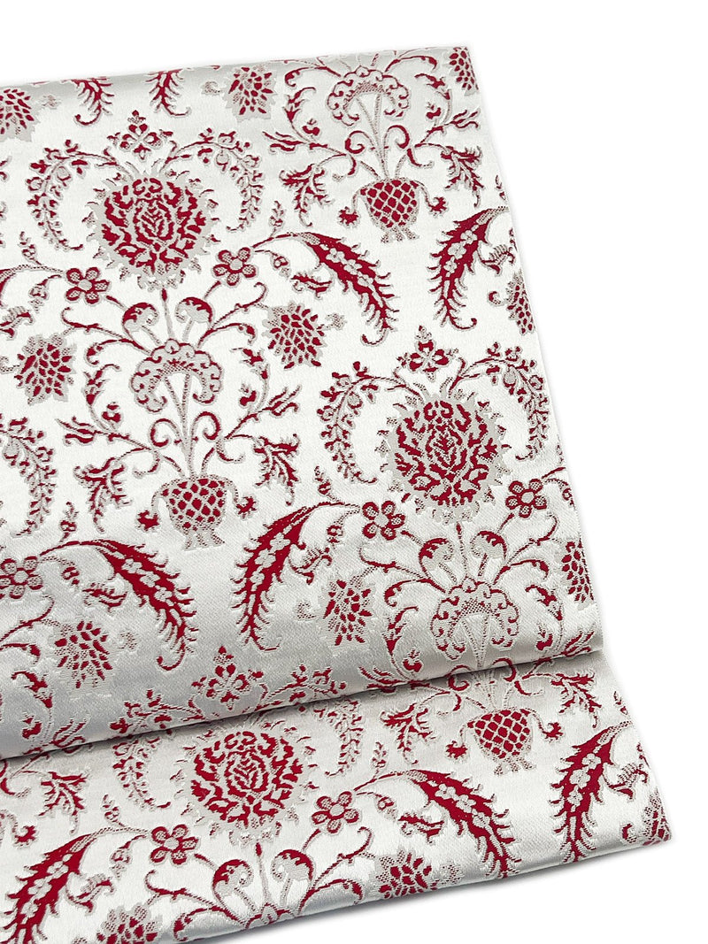 【SHOWROOM/先行ご紹介商品】【新色】 博多織八寸名古屋帯 ペルシャ草花紋　薄鼠地に深紅　[紅衣オリジナル] - 木下着物研究所