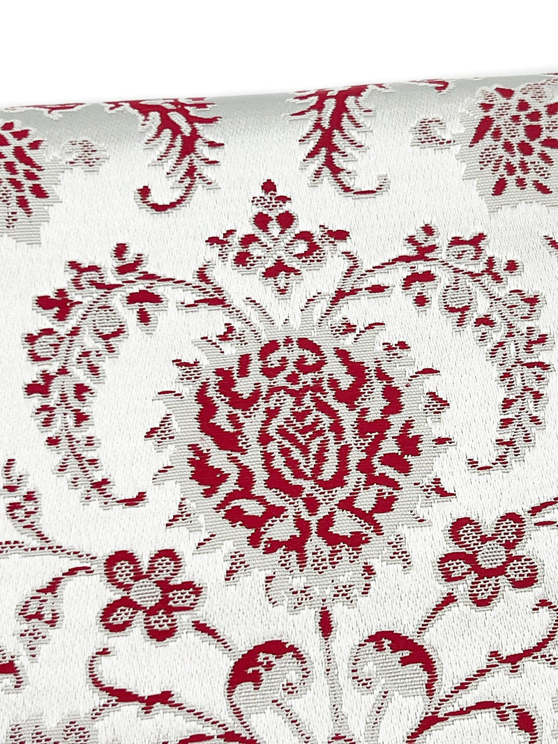 【SHOWROOM/先行ご紹介商品】【新色】 博多織八寸名古屋帯 ペルシャ草花紋　薄鼠地に深紅　[紅衣オリジナル] - 木下着物研究所