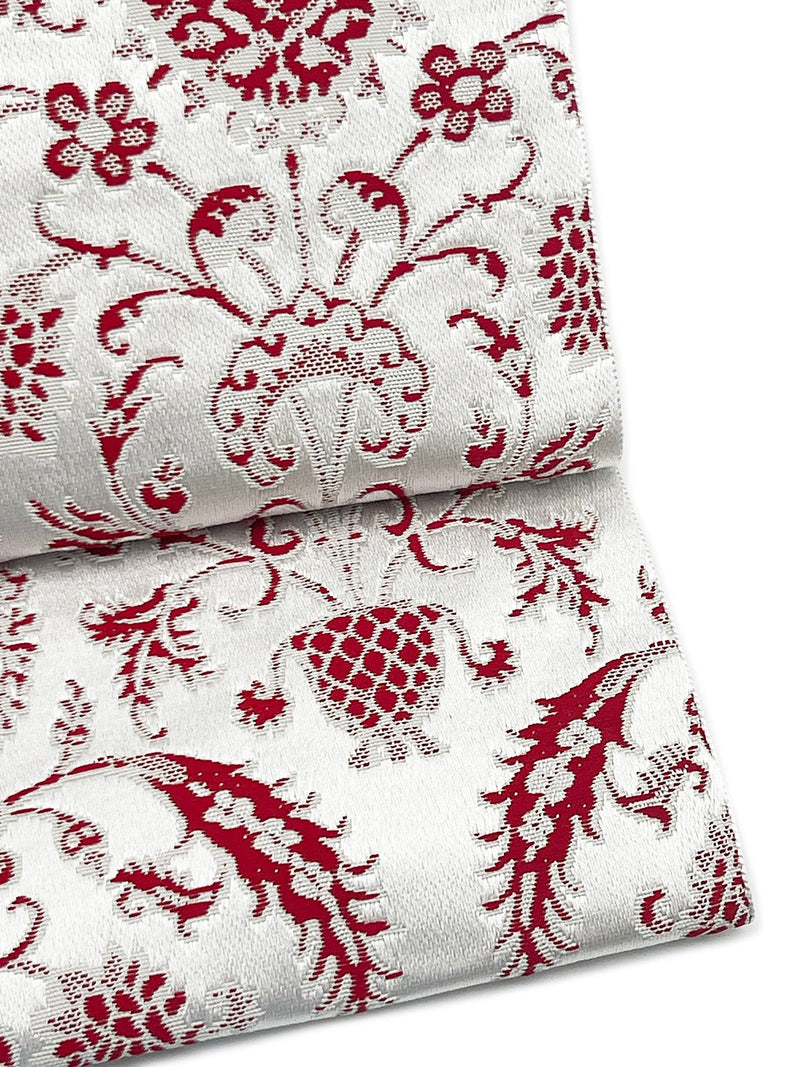 【SHOWROOM/先行ご紹介商品】【新色】 博多織八寸名古屋帯 ペルシャ草花紋　薄鼠地に深紅　[紅衣オリジナル] - 木下着物研究所