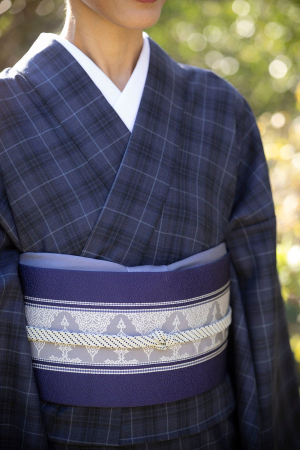 残わずか】スーツ生地の着物⑦紺格子（手縫仕立代込み）※生地確認でき