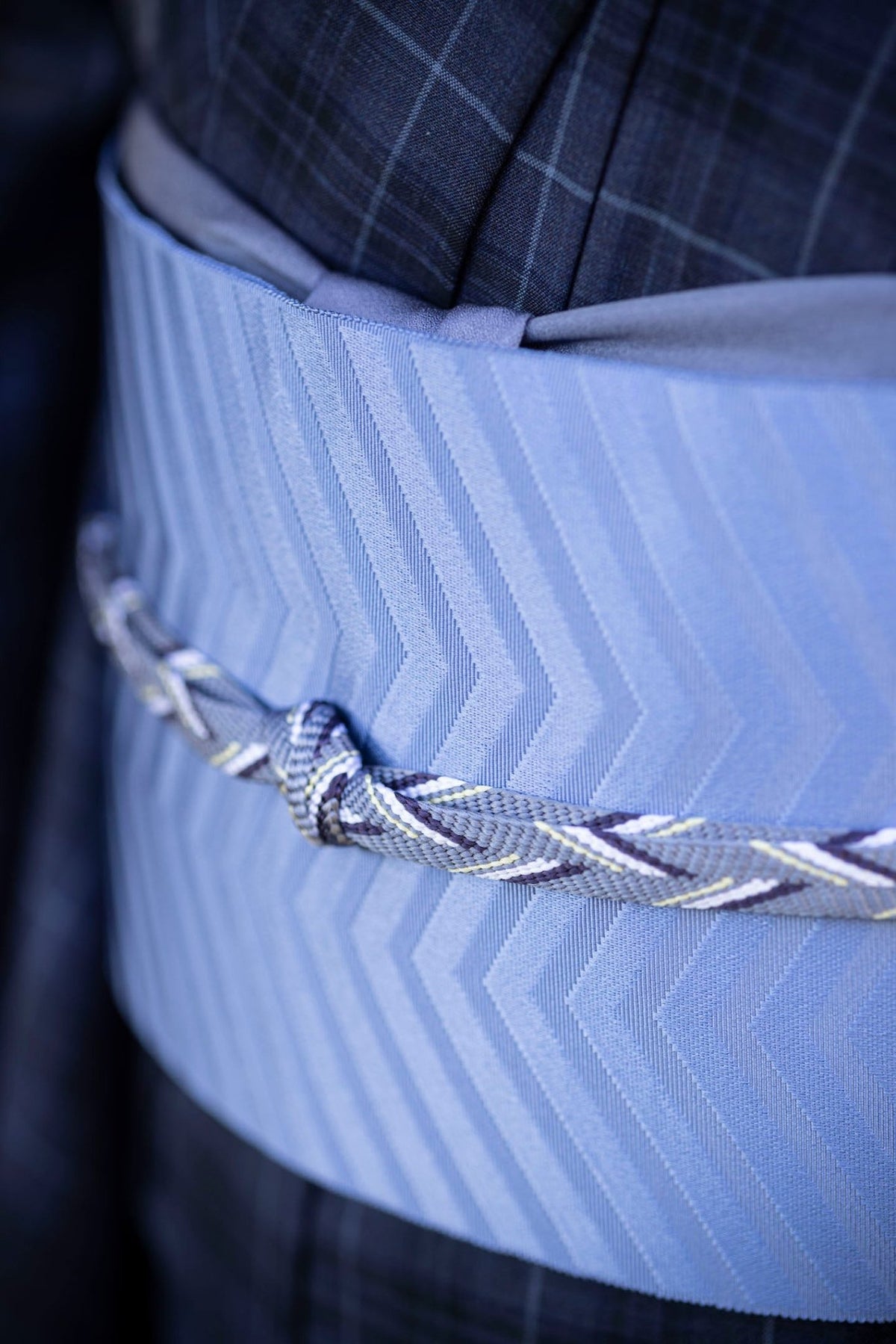 笹波組帯締 矢羽カラフル 地色鼠×アクセント黄色[紅衣オリジナル